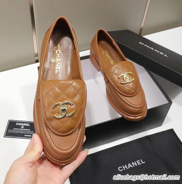 Best Price Chanel Lambskin Loafers with CC Foldover 012133 Brown