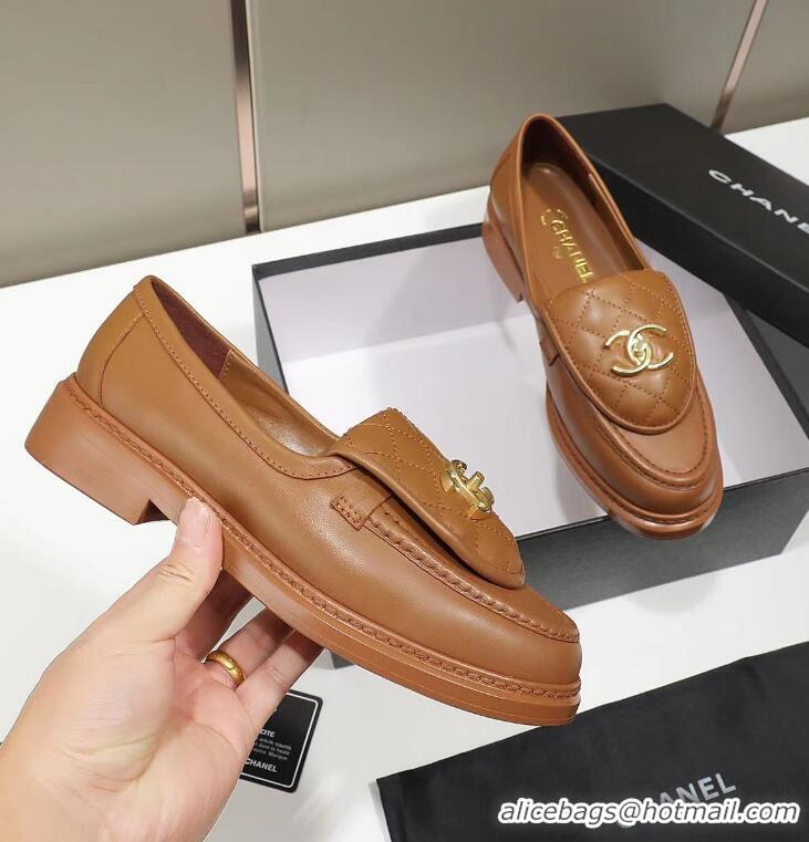 Best Price Chanel Lambskin Loafers with CC Foldover 012133 Brown