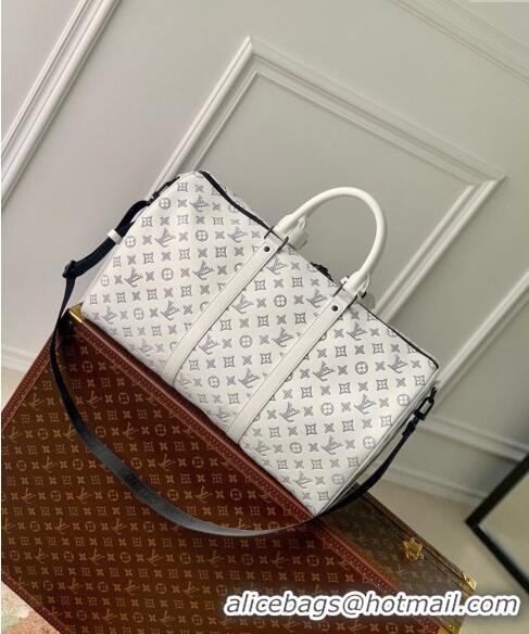 Shop Grade Louis Vuitton Keepall Bandouliere 50 Travel bag in Monogram Shadow Calfskin M24953 White Leather 2024