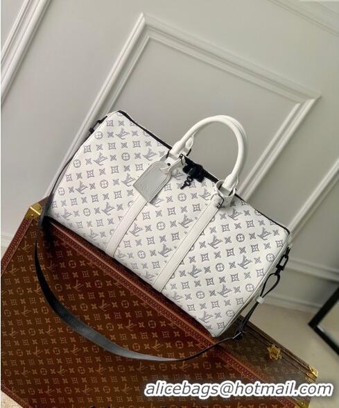 Shop Grade Louis Vuitton Keepall Bandouliere 50 Travel bag in Monogram Shadow Calfskin M24953 White Leather 2024