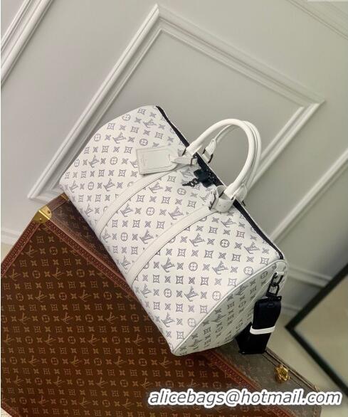 Shop Grade Louis Vuitton Keepall Bandouliere 50 Travel bag in Monogram Shadow Calfskin M24953 White Leather 2024