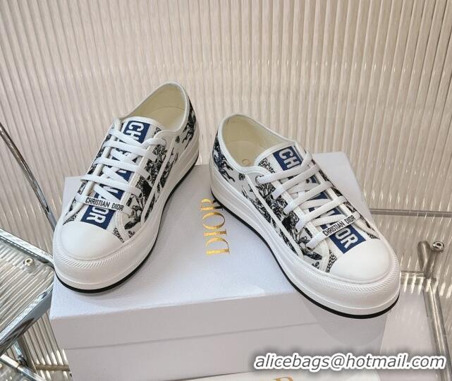 Good Quality Dior Walk'n'Dior Platform Sneakers 4.5cm in White Cotton Embroidered with Blue Toile de Jouy Soleil Motif 7