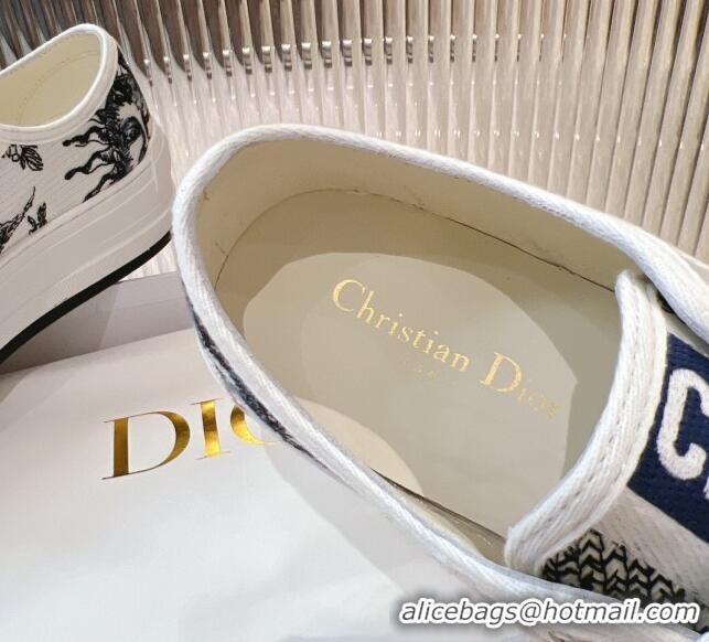 Good Quality Dior Walk'n'Dior Platform Sneakers 4.5cm in White Cotton Embroidered with Blue Toile de Jouy Soleil Motif 7