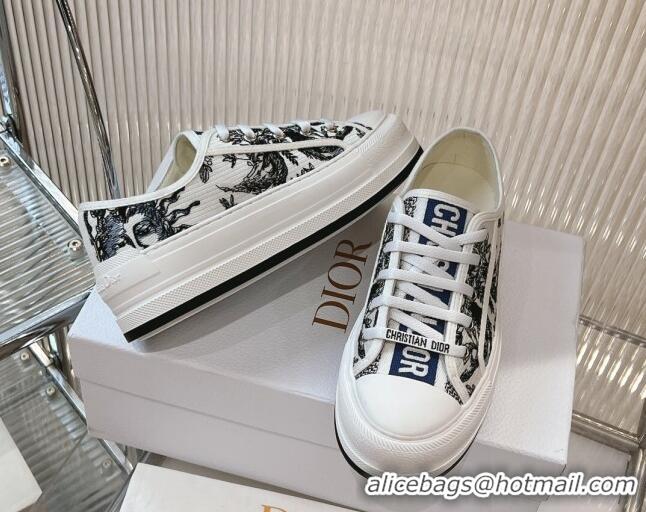 Good Quality Dior Walk'n'Dior Platform Sneakers 4.5cm in White Cotton Embroidered with Blue Toile de Jouy Soleil Motif 7