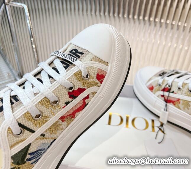 Classic Hot Dior Walk'n'Dior Platform Sneakers 4.5cm in Beige and Red Embroidered Cotton 7230075