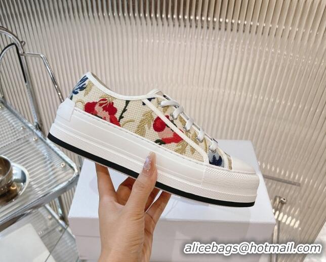 Classic Hot Dior Walk'n'Dior Platform Sneakers 4.5cm in Beige and Red Embroidered Cotton 7230075