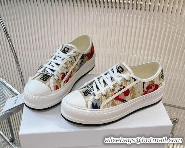 Classic Hot Dior Walk'n'Dior Platform Sneakers 4.5cm in Beige and Red Embroidered Cotton 7230075