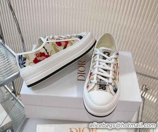 Classic Hot Dior Walk'n'Dior Platform Sneakers 4.5cm in Beige and Red Embroidered Cotton 7230075