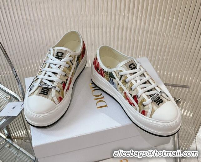 Classic Hot Dior Walk'n'Dior Platform Sneakers 4.5cm in Beige and Red Embroidered Cotton 7230075