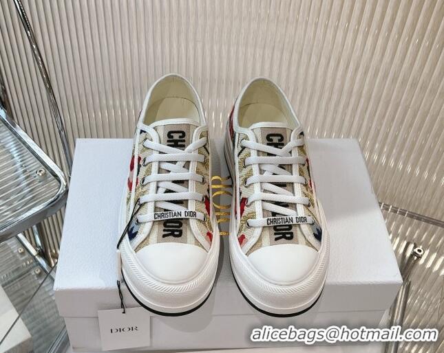 Classic Hot Dior Walk'n'Dior Platform Sneakers 4.5cm in Beige and Red Embroidered Cotton 7230075