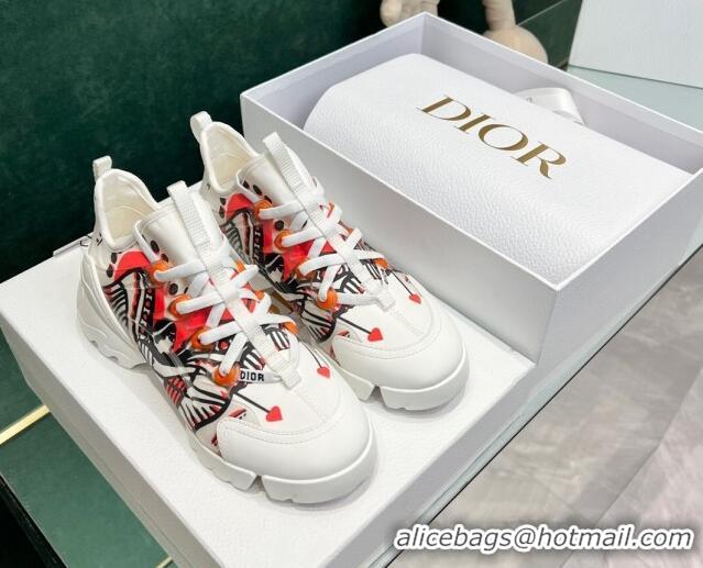 Charming Dior D-Connect Sneakers in Printed Technical Fabric White/Red 7230092