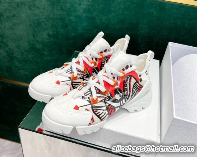 Charming Dior D-Connect Sneakers in Printed Technical Fabric White/Red 7230092