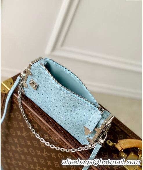 Cheap Grade Louis Vuitton Slim Trunk Hobo bag in Ostrich Embossed Leather M25445 Light Blue 2024