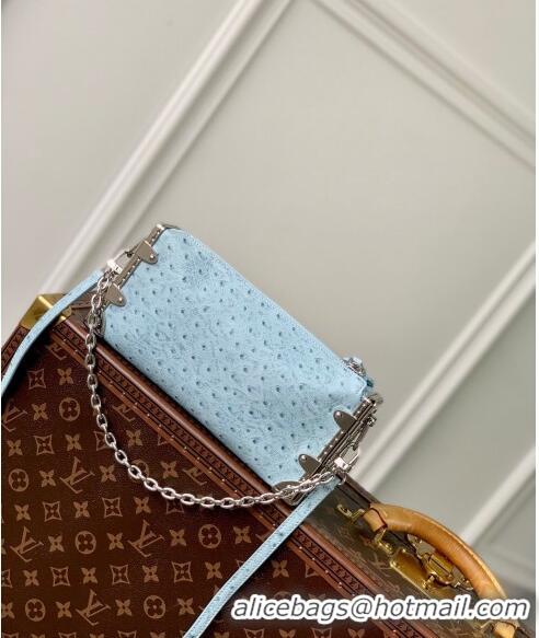 Cheap Grade Louis Vuitton Slim Trunk Hobo bag in Ostrich Embossed Leather M25445 Light Blue 2024