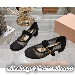 Luxury Dior Baby-D Mary Janes Pumps 4.5cm in Dotted Mesh Black 814005