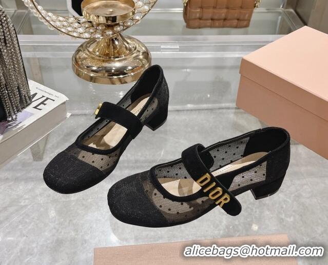 Luxury Dior Baby-D Mary Janes Pumps 4.5cm in Dotted Mesh Black 814005