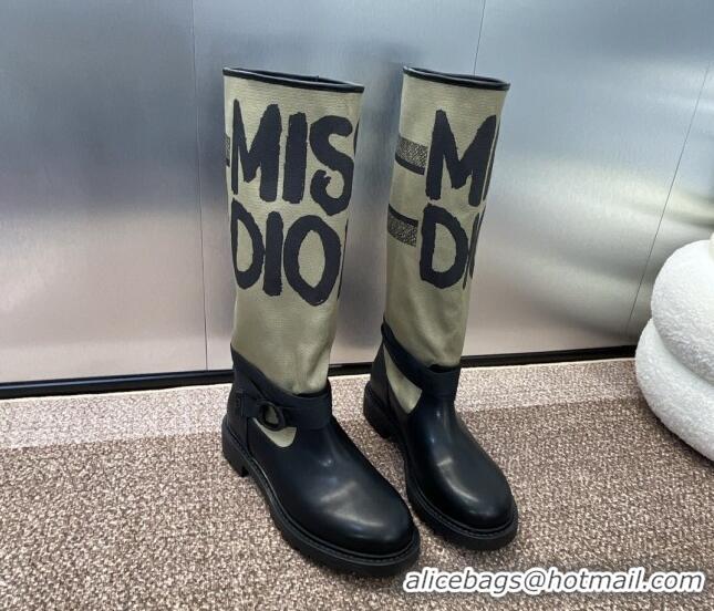 Duplicate Dior Miss Dior D-Major High Boots 3cm in Fabric and Leather Khaki Green 814007