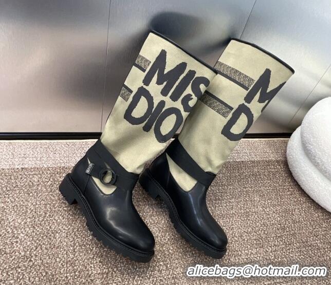 Duplicate Dior Miss Dior D-Major High Boots 3cm in Fabric and Leather Khaki Green 814007