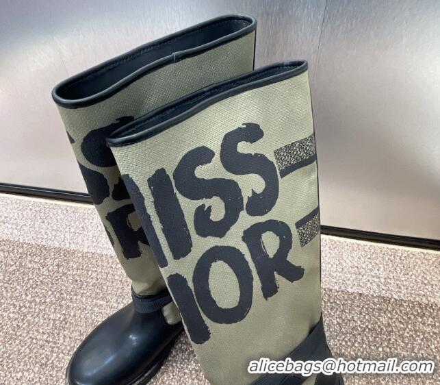 Duplicate Dior Miss Dior D-Major High Boots 3cm in Fabric and Leather Khaki Green 814007