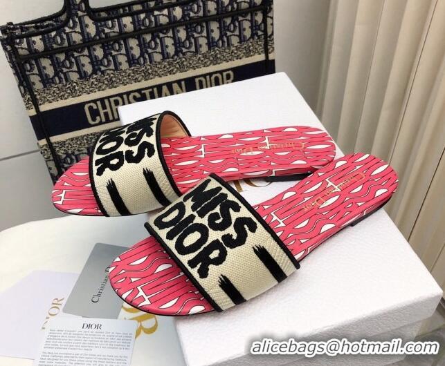 Perfect Dior Dway Flat Slides Sandal in Embroidered Cotton and Miss Dior Allover Motif Pink/Beige 814009