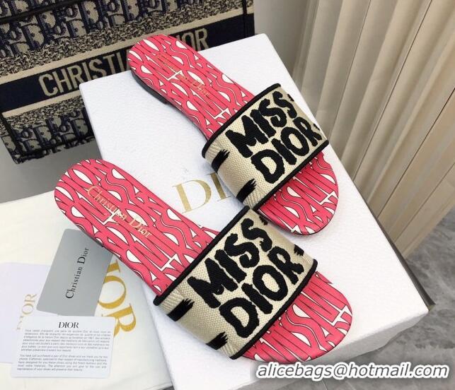 Perfect Dior Dway Flat Slides Sandal in Embroidered Cotton and Miss Dior Allover Motif Pink/Beige 814009