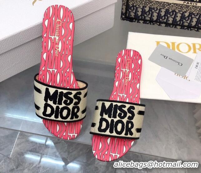 Perfect Dior Dway Flat Slides Sandal in Embroidered Cotton and Miss Dior Allover Motif Pink/Beige 814009