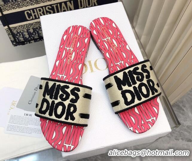 Perfect Dior Dway Flat Slides Sandal in Embroidered Cotton and Miss Dior Allover Motif Pink/Beige 814009