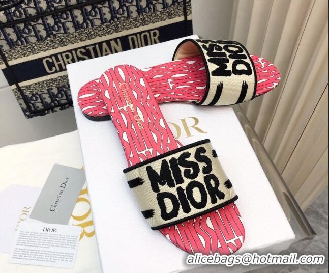 Perfect Dior Dway Flat Slides Sandal in Embroidered Cotton and Miss Dior Allover Motif Pink/Beige 814009