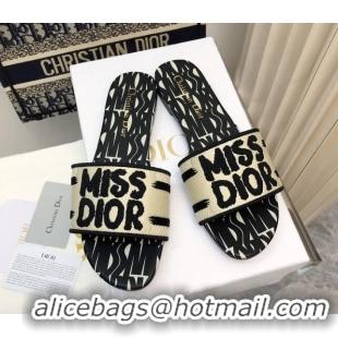 Low Cost Dior Dway Flat Slides Sandal in Embroidered Cotton and Miss Dior Allover Motif Black/Beige 814010