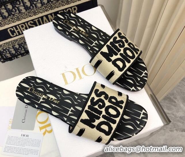 Low Cost Dior Dway Flat Slides Sandal in Embroidered Cotton and Miss Dior Allover Motif Black/Beige 814010