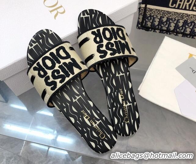 Low Cost Dior Dway Flat Slides Sandal in Embroidered Cotton and Miss Dior Allover Motif Black/Beige 814010