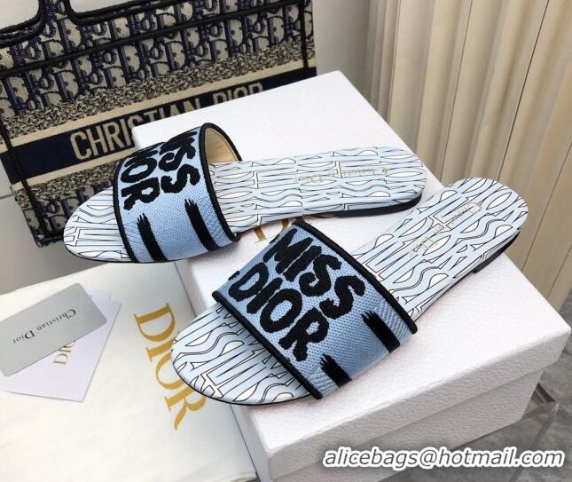 Durable Dior Dway Flat Slides Sandal in Embroidered Cotton and Miss Dior Allover Motif Light Blue 814011