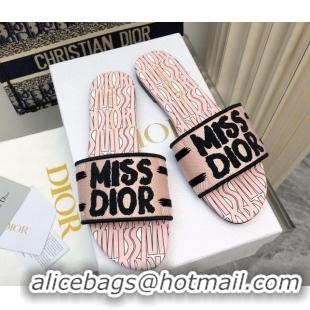 Grade Quality Dior Dway Flat Slides Sandal in Embroidered Cotton and Miss Dior Allover Motif Light Pink 814013