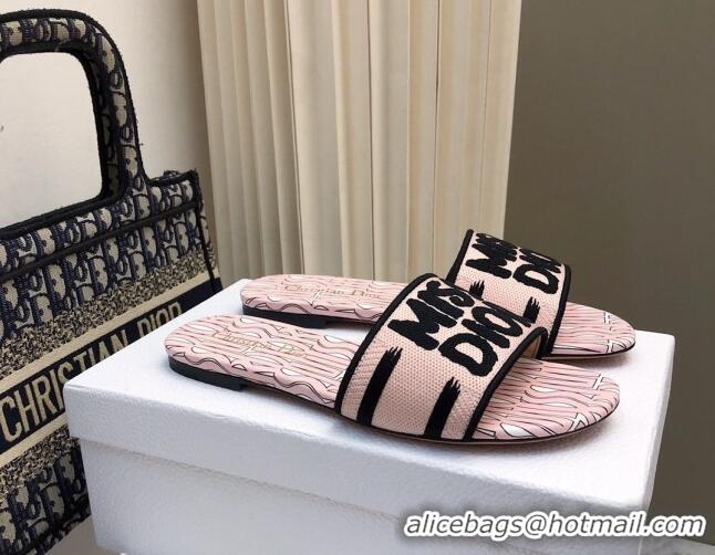 Grade Quality Dior Dway Flat Slides Sandal in Embroidered Cotton and Miss Dior Allover Motif Light Pink 814013