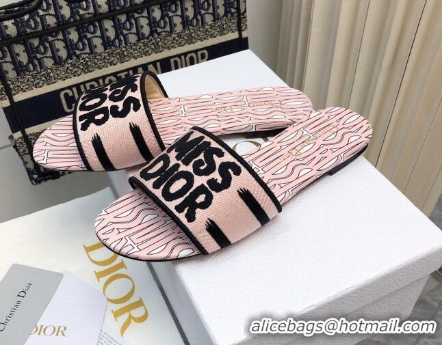 Grade Quality Dior Dway Flat Slides Sandal in Embroidered Cotton and Miss Dior Allover Motif Light Pink 814013