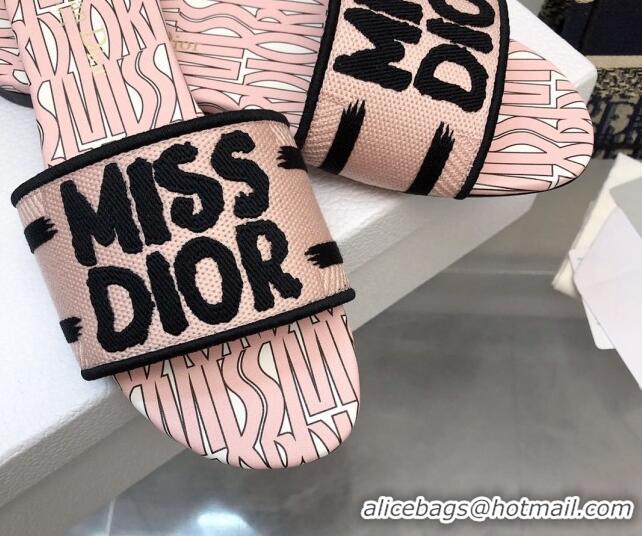 Grade Quality Dior Dway Flat Slides Sandal in Embroidered Cotton and Miss Dior Allover Motif Light Pink 814013