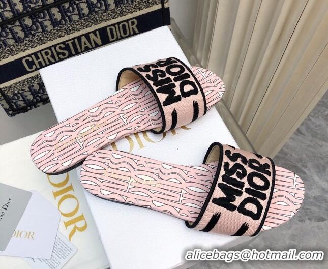 Grade Quality Dior Dway Flat Slides Sandal in Embroidered Cotton and Miss Dior Allover Motif Light Pink 814013