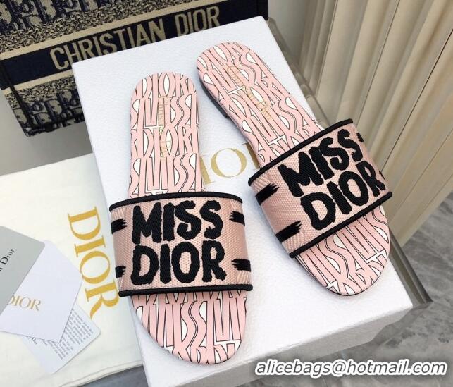 Grade Quality Dior Dway Flat Slides Sandal in Embroidered Cotton and Miss Dior Allover Motif Light Pink 814013