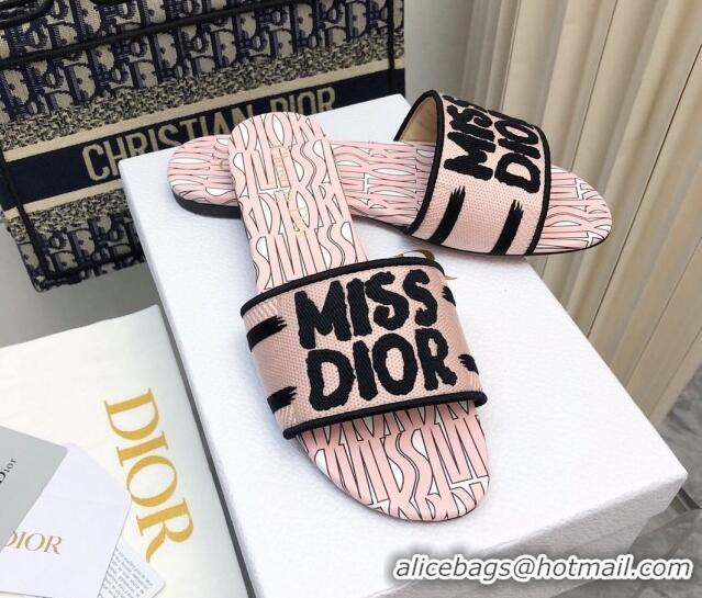 Grade Quality Dior Dway Flat Slides Sandal in Embroidered Cotton and Miss Dior Allover Motif Light Pink 814013