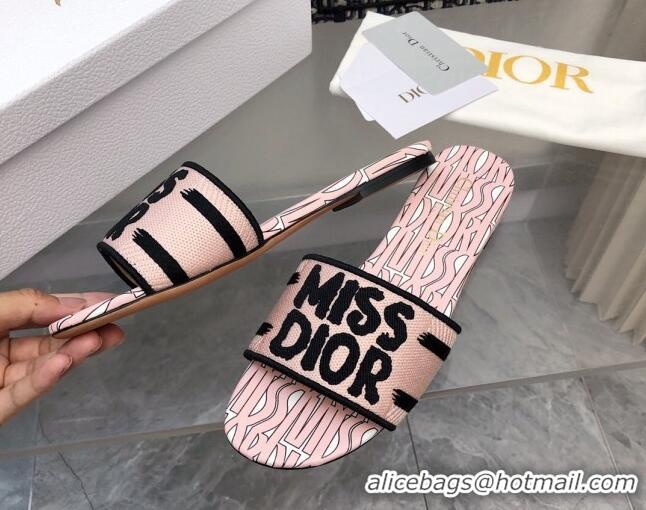 Grade Quality Dior Dway Flat Slides Sandal in Embroidered Cotton and Miss Dior Allover Motif Light Pink 814013