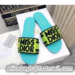 Stylish Dior Dway Flat Slides Sandal in Embroidered Cotton and Miss Dior Motif Green 814014