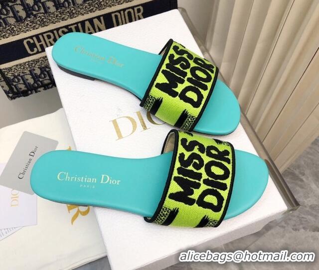 Stylish Dior Dway Flat Slides Sandal in Embroidered Cotton and Miss Dior Motif Green 814014