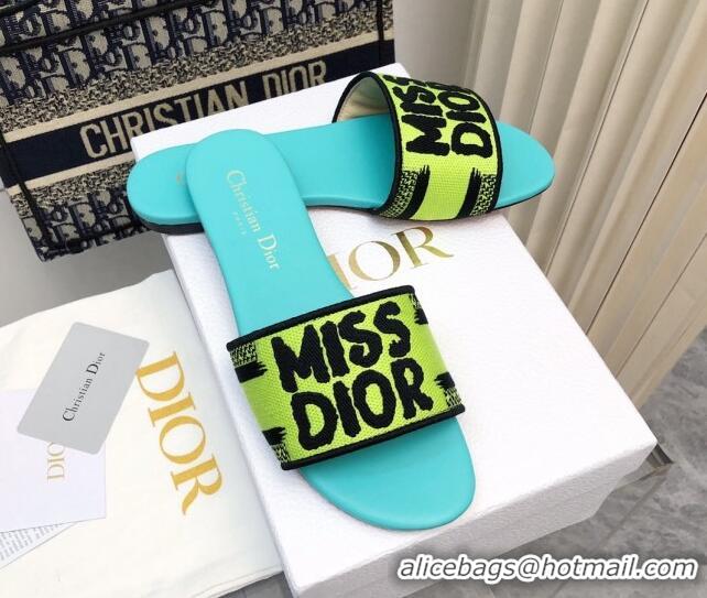 Stylish Dior Dway Flat Slides Sandal in Embroidered Cotton and Miss Dior Motif Green 814014