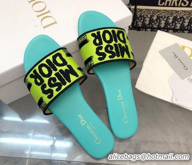 Stylish Dior Dway Flat Slides Sandal in Embroidered Cotton and Miss Dior Motif Green 814014