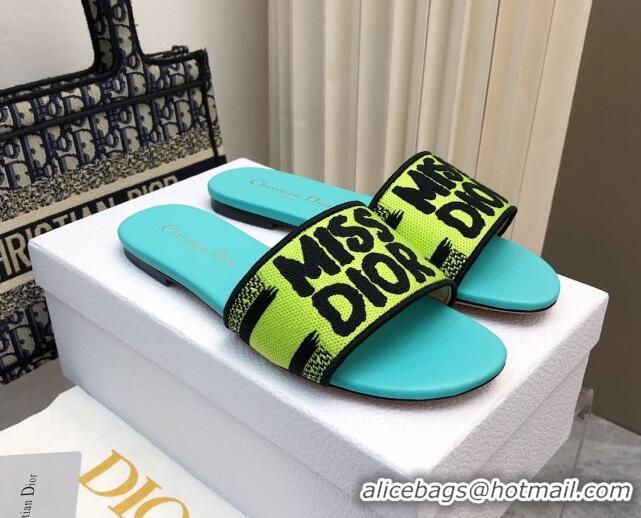 Stylish Dior Dway Flat Slides Sandal in Embroidered Cotton and Miss Dior Motif Green 814014