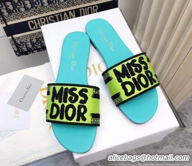 Stylish Dior Dway Flat Slides Sandal in Embroidered Cotton and Miss Dior Motif Green 814014