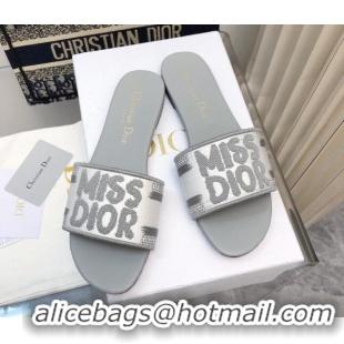 Best Price Dior Dway Flat Slides Sandal in Embroidered Cotton and Miss Dior Motif Grey 814015