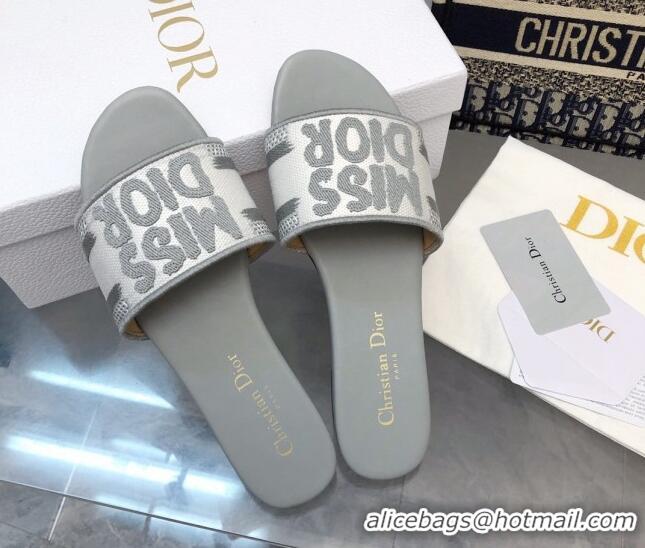 Best Price Dior Dway Flat Slides Sandal in Embroidered Cotton and Miss Dior Motif Grey 814015