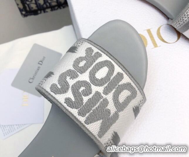 Best Price Dior Dway Flat Slides Sandal in Embroidered Cotton and Miss Dior Motif Grey 814015