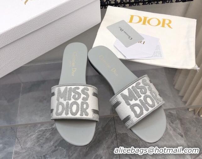 Best Price Dior Dway Flat Slides Sandal in Embroidered Cotton and Miss Dior Motif Grey 814015